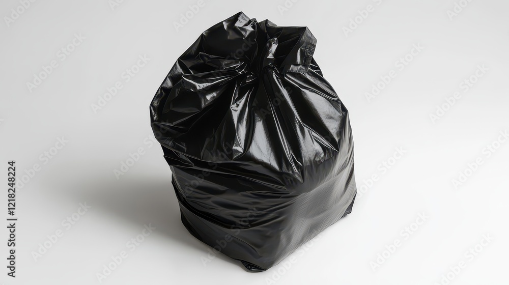 Fototapeta premium A single black plastic garbage bag, crumpled and tied, isolated on a white background.