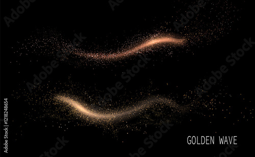 Set of isolated golden ribbons with shiny tinsel on black background, design elements.