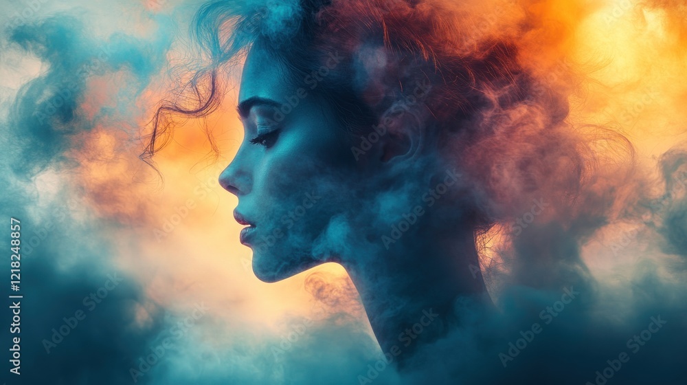 Woman's profile shrouded in colorful smoke, artistic portrait. Woman's profile shrouded in colorful smoke, artistic portrait.