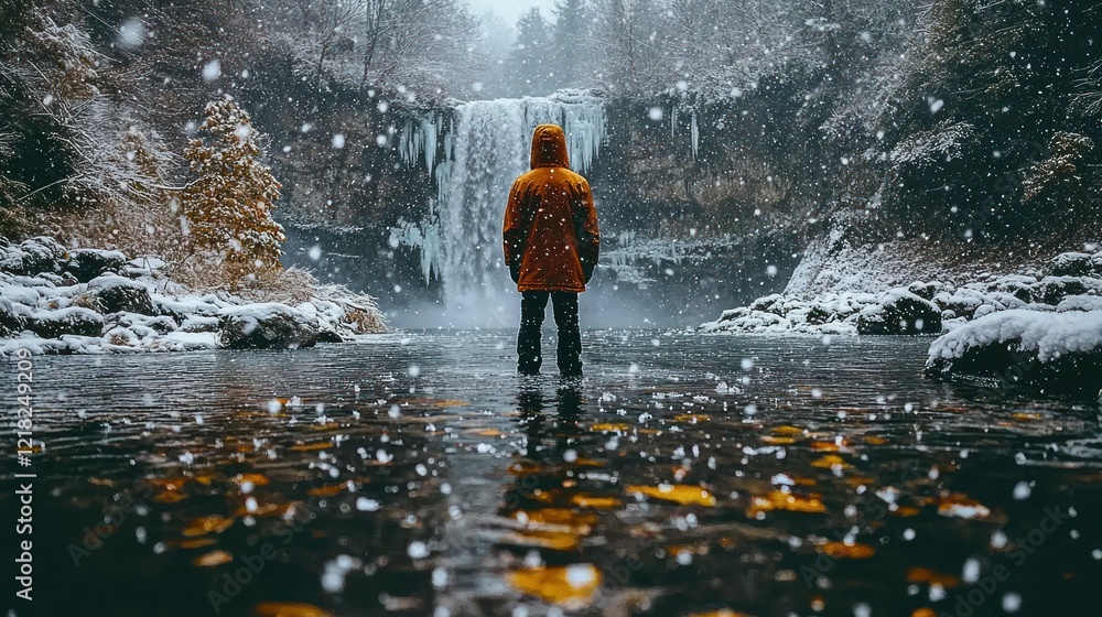 Fototapeta premium Person stands in a snowy lake facing a waterfall in a beautiful winter scenery