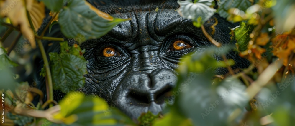 Close-up of a gorilla's face peering through lush green foliage in a vibrant jungle setting Close-up of a gorilla's face peering through lush green foliage in a vibrant jungle setting