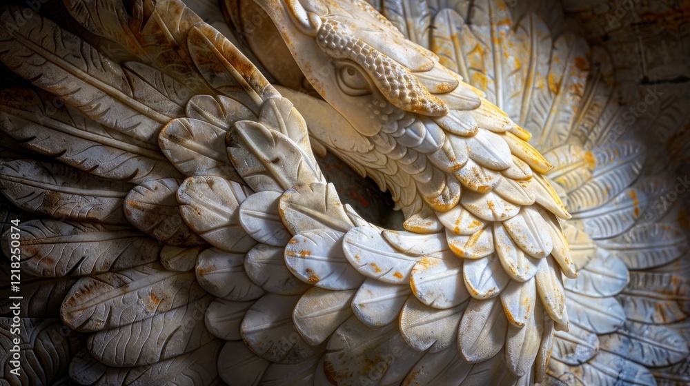 Intricate marble carving of an eagle's head surrounded by detailed feather patterns in soft light