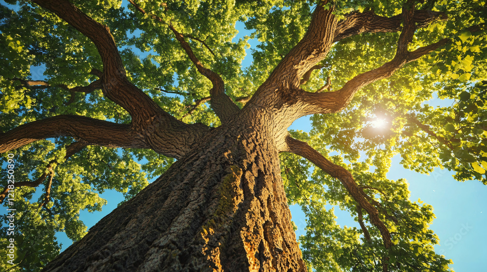 Naklejka premium Majestic view from below wide branches centuries-old oak tree,sunlight streaming lush green leaves dramatic black white contrast intricate texture,wood,teak,birch,cork,huge,fir,raw,wild,art,old,earth