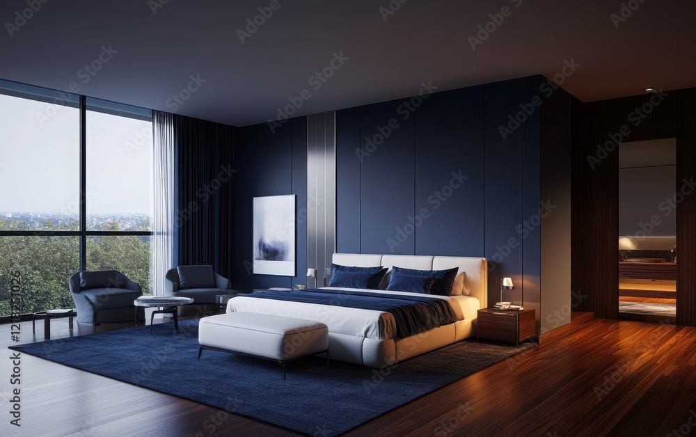 3D rendering of a navy blue bedroom interior design with a white leather bed, cobalt and silver color wall paneling, a dark oak floor, modern-style home decor, contemporary furniture in the room 3D rendering of a navy blue bedroom interior design with a white leather bed, cobalt and silver color wall paneling, a dark oak floor, modern-style home decor, contemporary furniture in the room