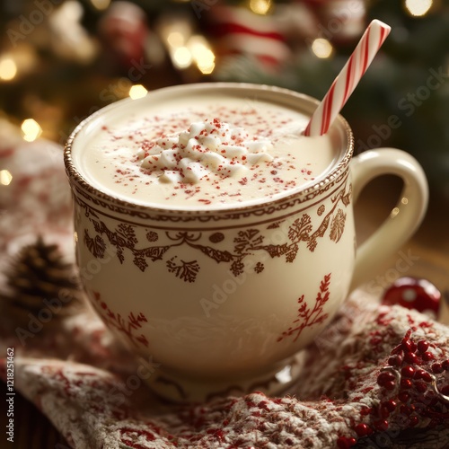 White chocolate peppermint latte served in a holiday-themed mug with a candy cane stirrer, surrounded by festive decor and warm holiday cheer, creating a cozy and inviting atmosphere photo