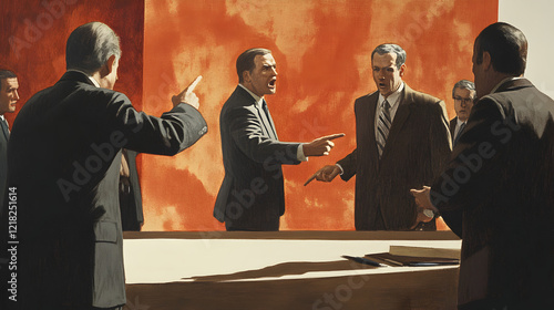 dispute with two employees pointing fingers at each other while others try to mediate 