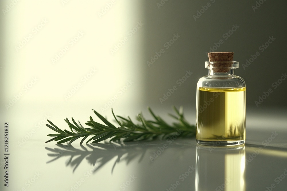 Minimalist glass bottle of rosemary oil with natural sprig reflection, perfect for wellness, aromatherapy, and spa visuals Minimalist glass bottle of rosemary oil with natural sprig reflection, perfect for wellness, aromatherapy, and spa visuals