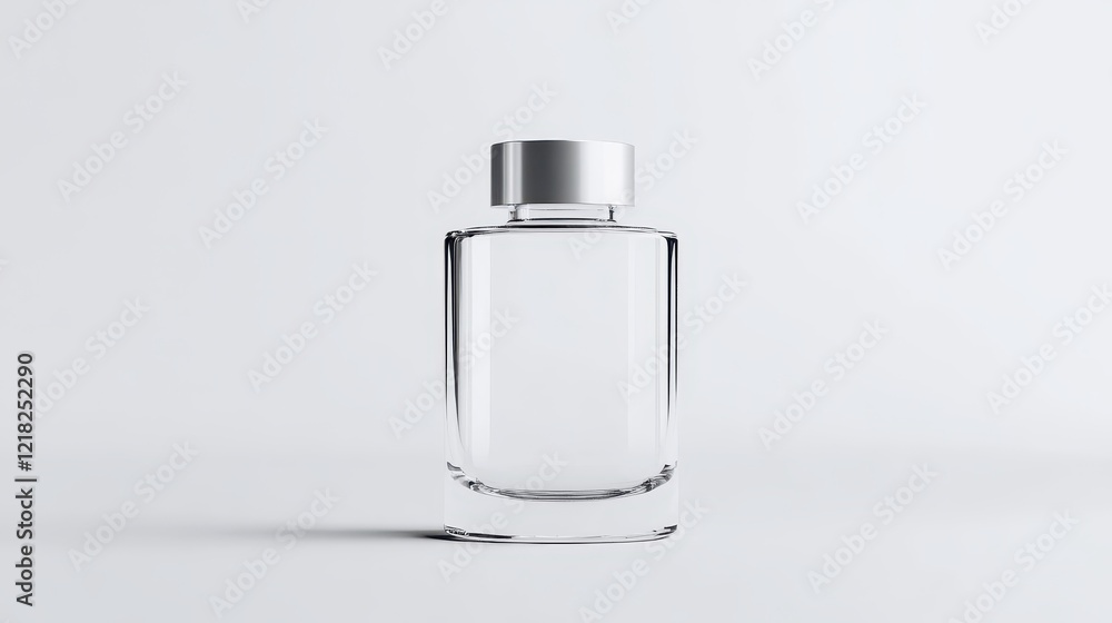 Clear Glass Bottle with Silver Cap on a Minimalist Background, Perfect for Cosmetic, Fragrance, or Skincare Product Presentations and Mockups, Stylish and Elegant Design Clear Glass Bottle with Silver Cap on a Minimalist Background, Perfect for Cosmetic, Fragrance, or Skincare Product Presentations and Mockups, Stylish and Elegant Design