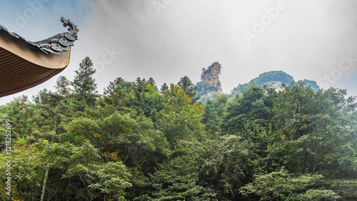 Bizarre mountain peaks against the sky and clouds. In the foreground is the edge of the roof with a curved cornice. Thickets of green trees. China. Zhangjiajie National Forest Park.   photo