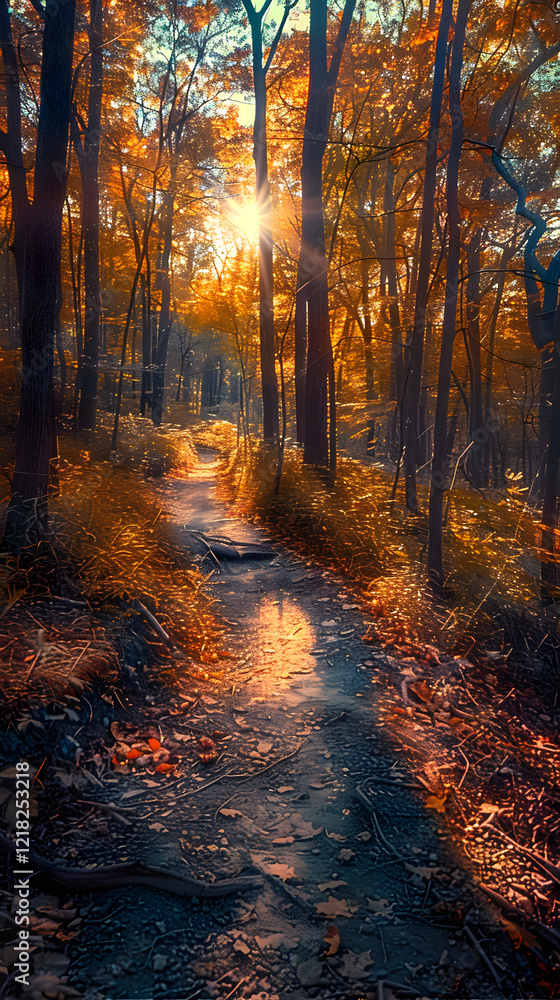 Fototapeta premium A Serene Hiking Trail Bathed in Dappled Sunlight Amidst the Vibrant Foliage of a New Jersey Forest