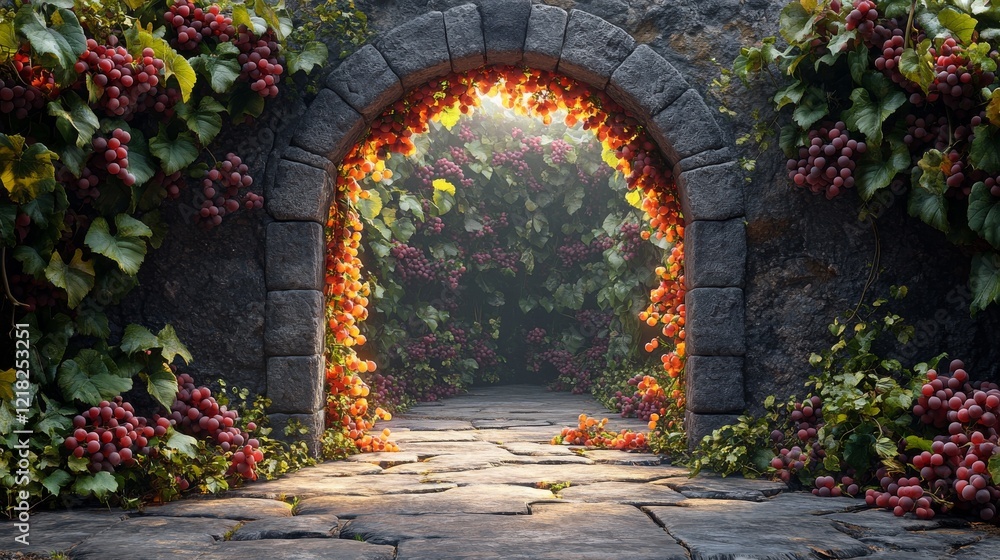 Fototapeta premium Stone archway draped in grapevines leading to a sunlit garden path.