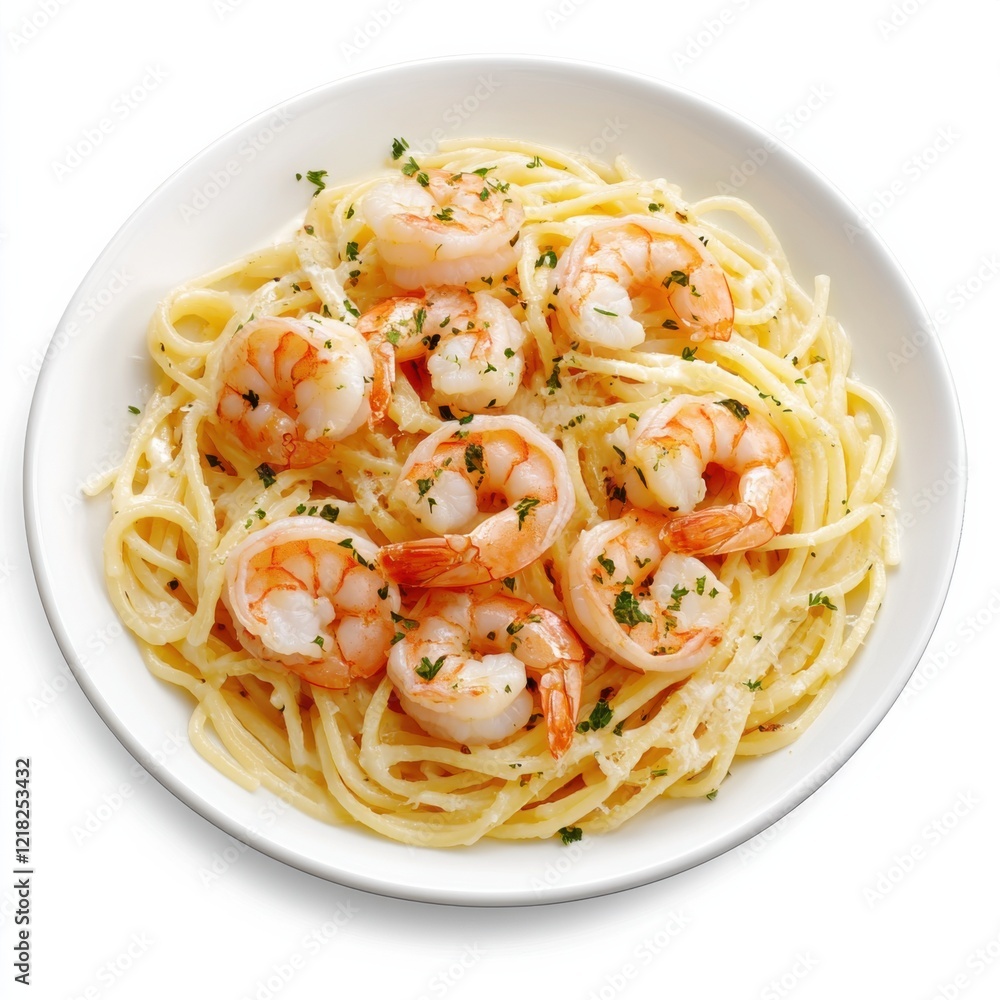 A classic shrimp scampi with linguine pasta, isolated white background, hyperrealism art style A classic shrimp scampi with linguine pasta, isolated white background, hyperrealism art style