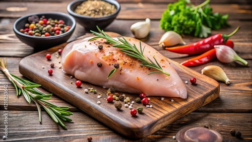 Tasty chicken fillet sitting alone on a wooden cutting board, covered in various spices and herbs , cutboard, fillet,  cutboard photo