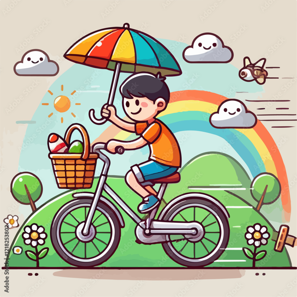 vector illustration of boy riding a bicycle with an umberella vector illustration of boy riding a bicycle with an umberella