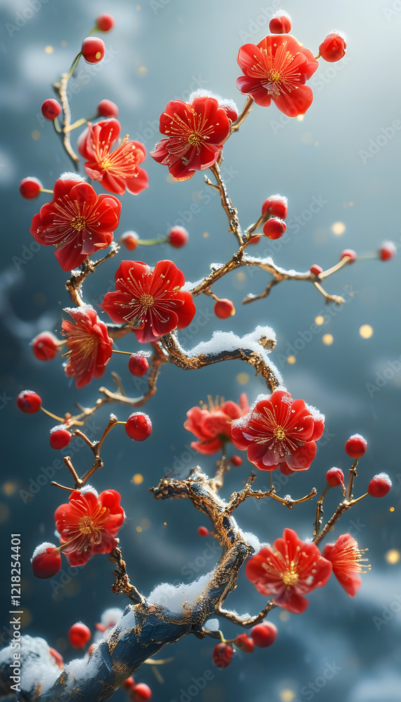 Pink blossoms on a snow covered branch Pink blossoms on a snow covered branch