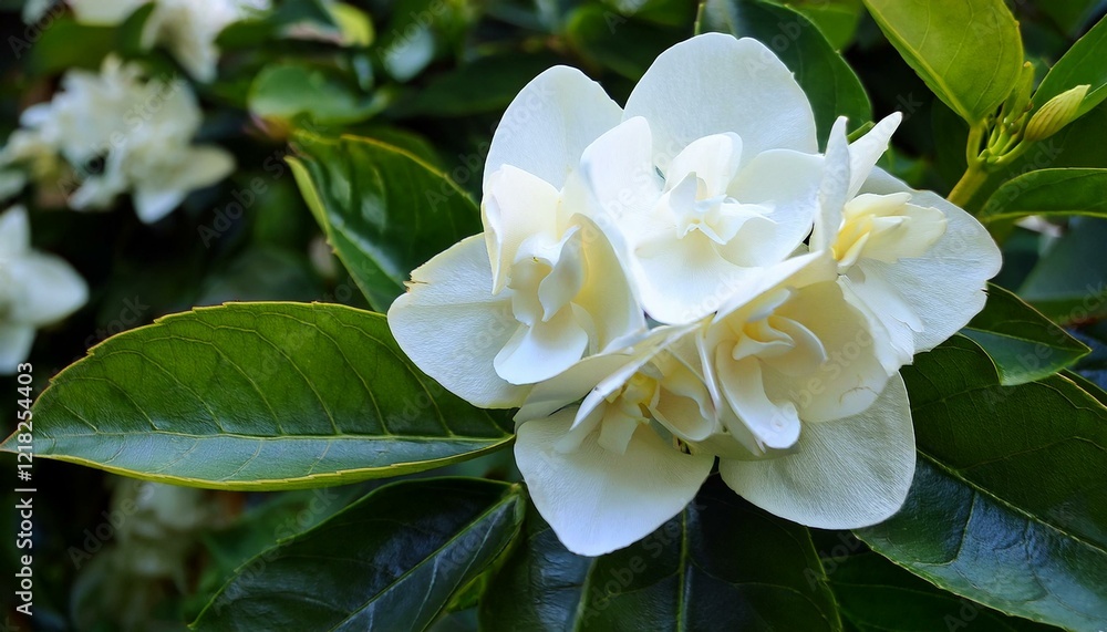 Close-up of delicate white blossoms clustered together, nestled amongst vibrant green leaves. Close-up of delicate white blossoms clustered together, nestled amongst vibrant green leaves.