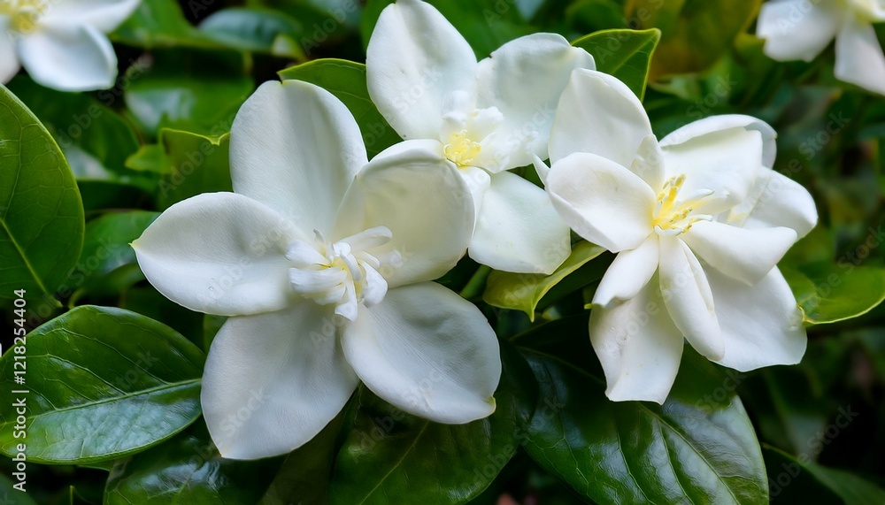 Delicate white gardenias in full bloom, nestled amongst lush green leaves. Delicate white gardenias in full bloom, nestled amongst lush green leaves.