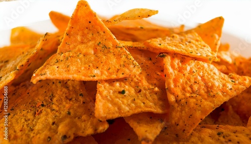 A close-up shot of crunchy, seasoned tortilla chips.