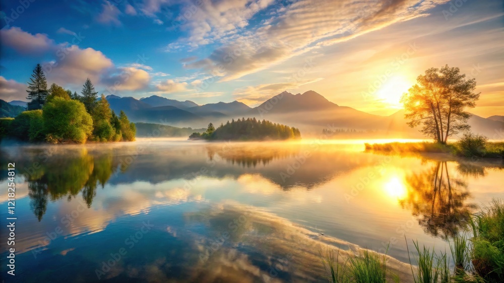 Fototapeta premium Serene lake landscape with a stunning panoramic view of a sunrise over calm waters and misty mountains
