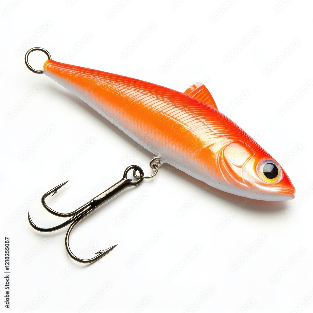 Vibrant Orange Fishing Lure with Triple Hook on White Background. Vibrant Orange Fishing Lure with Triple Hook on White Background.