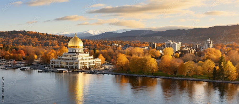 Fototapeta premium Golden Dome Temple by the Lake in Autumn