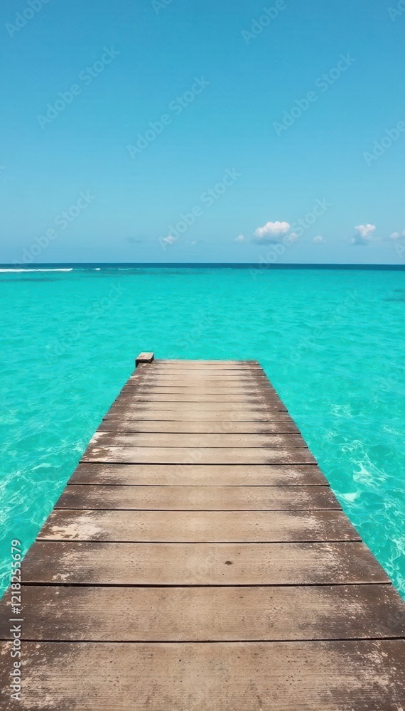 Obraz premium Weathered wooden plank extends over turquoise sea, texture, photography, view