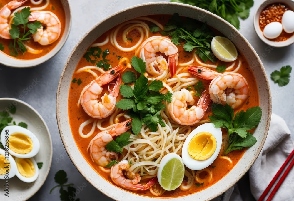 Spicy Shrimp Laksa Noodle Soup with Soft Boiled Eggs and Lime Wedges, Overhead View Spicy Shrimp Laksa Noodle Soup with Soft Boiled Eggs and Lime Wedges, Overhead View