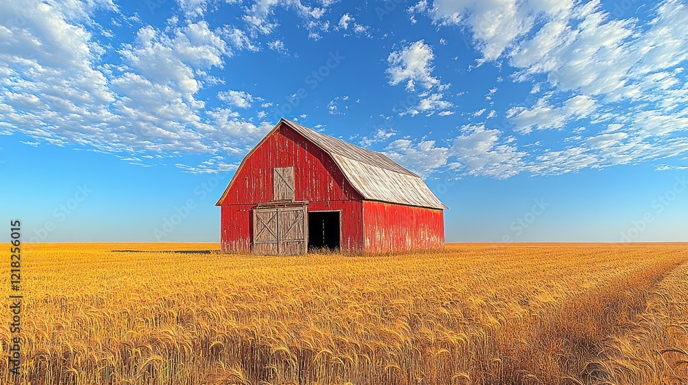 Red barn in golden wheat field under a blue sky. Red barn in golden wheat field under a blue sky.