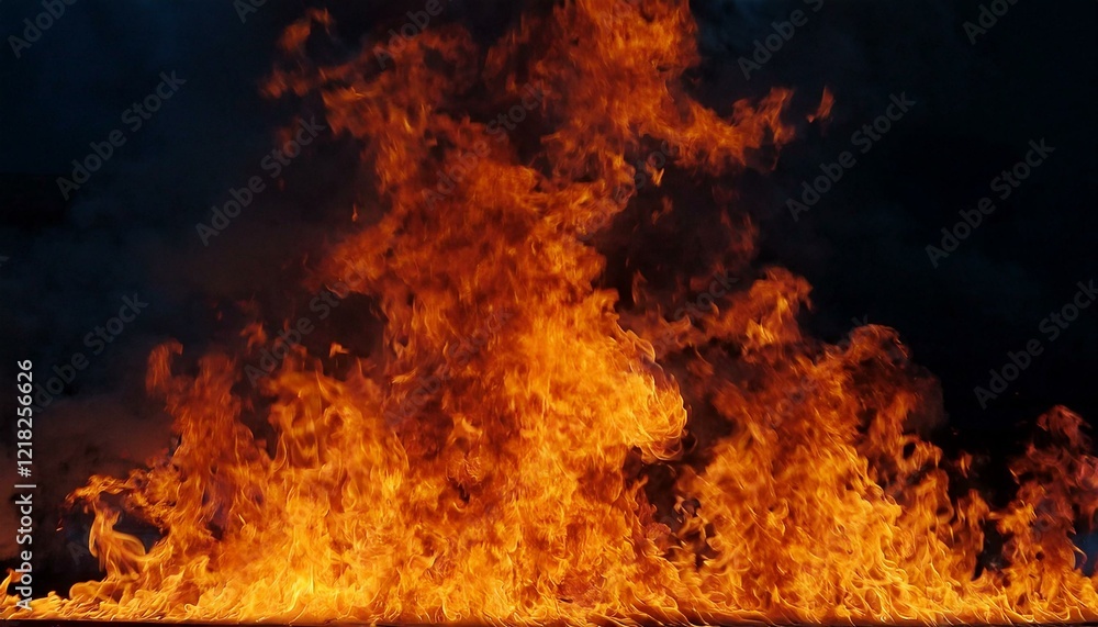 Fiery inferno ablaze against a dark backdrop. Intense orange and yellow flames. Fiery inferno ablaze against a dark backdrop. Intense orange and yellow flames.