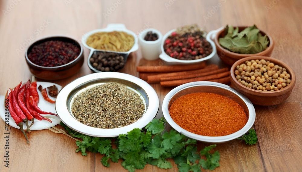 Aromatic spices and herbs in bowls on a wooden surface. Aromatic spices and herbs in bowls on a wooden surface.