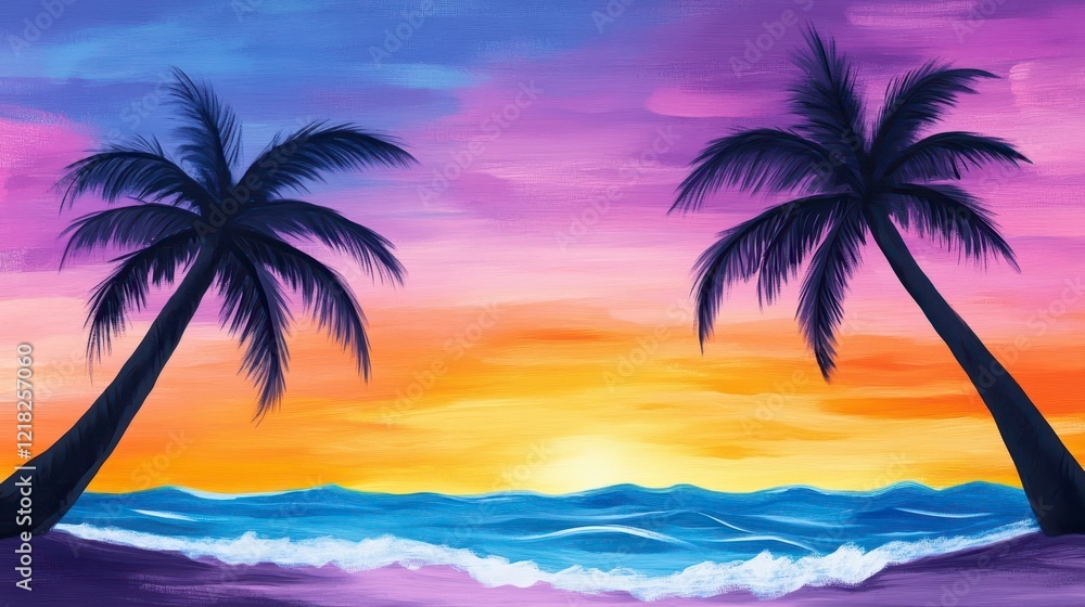 Obraz premium Tropical Sunset with Palm Trees Overlooking Calm Ocean Waves