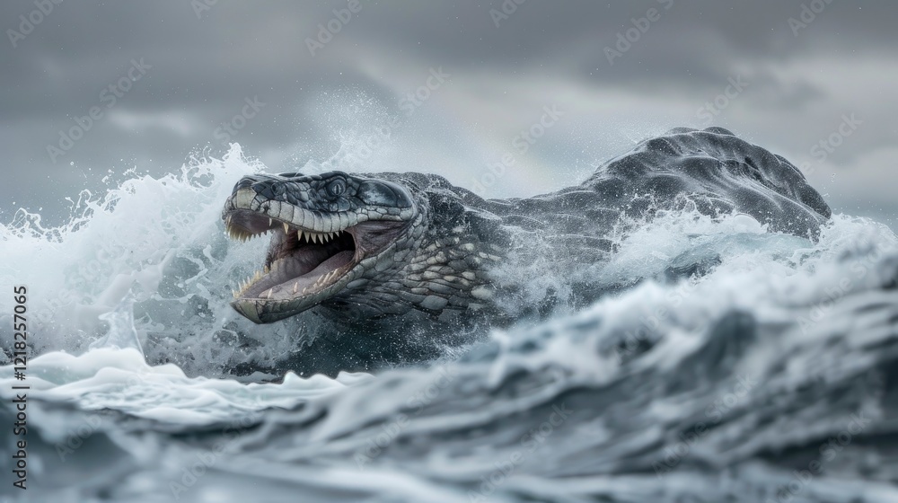 Obraz premium A prehistoric marine reptile thrashing through stormy ocean waves under a cloudy sky