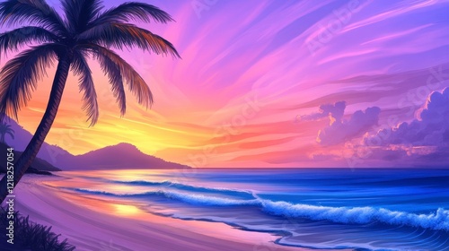 Tropical Sunset Over Calm Ocean with Silhouetted Palm Trees