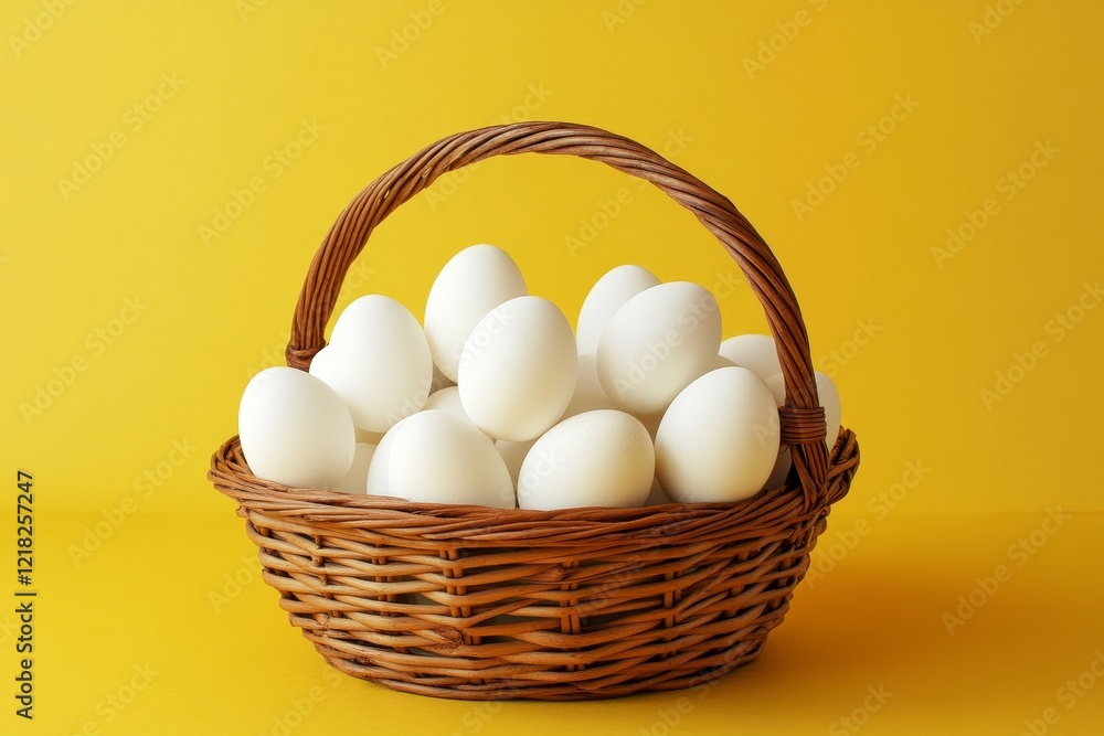 A wicker basket full of white eggs against a yellow background. A wicker basket full of white eggs against a yellow background.