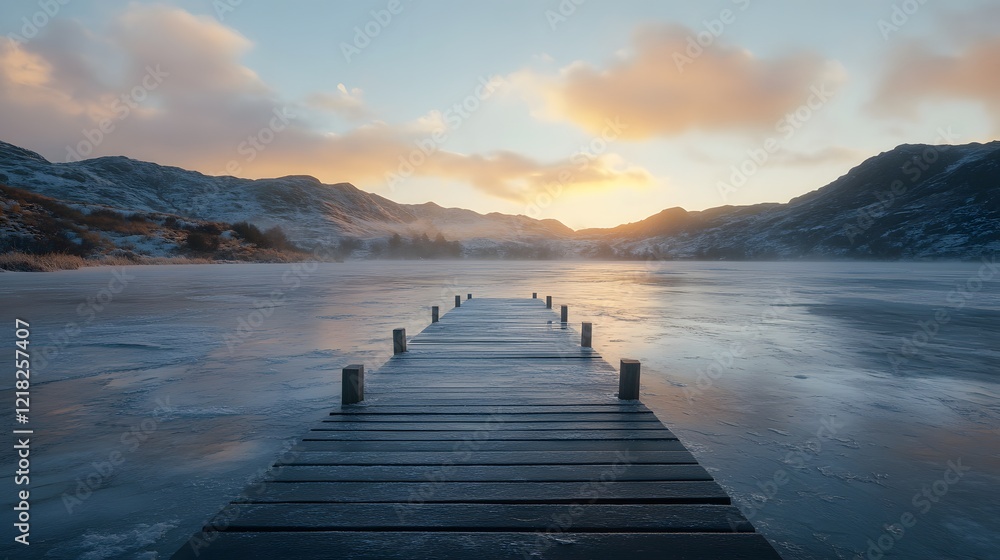 Obraz premium sunrise over the lake with wooden pathway