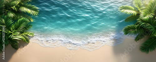 Tropical beach aerial palm, ocean, wave, sun