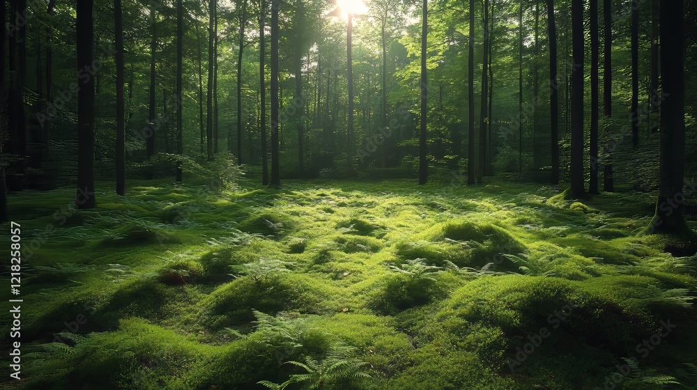 Obraz premium Sunbeams illuminate lush green moss and ferns on forest floor.
