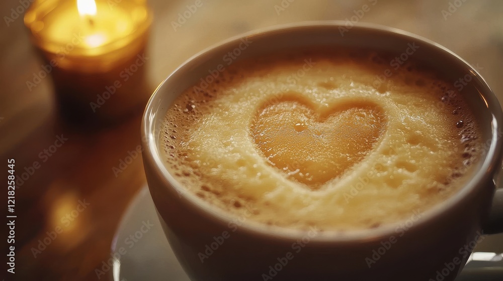 Heart Symbol Created in Coffee Foam Art Inside a Cup with Candle in Background for Cozy Atmosphere Heart Symbol Created in Coffee Foam Art Inside a Cup with Candle in Background for Cozy Atmosphere