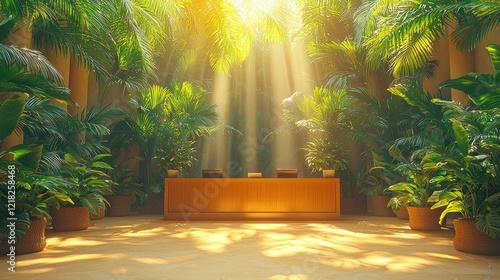 Wallpaper Mural Luminous Reception Desk Surrounded by Lush Tropical Foliage and Golden Sun Rays Torontodigital.ca