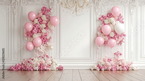 Elegant Pink and White Balloon Decorations for Parties and Events in Classic White Interior.