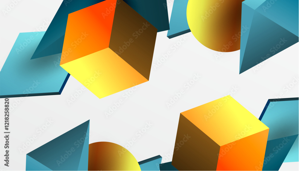 Abstract design showcasing isometric cubes, pyramids, squares, and spheres in a vibrant 3D layout. Modern and dynamic, perfect for tech, design, or futuristic themes Abstract design showcasing isometric cubes, pyramids, squares, and spheres in a vibrant 3D layout. Modern and dynamic, perfect for tech, design, or futuristic themes