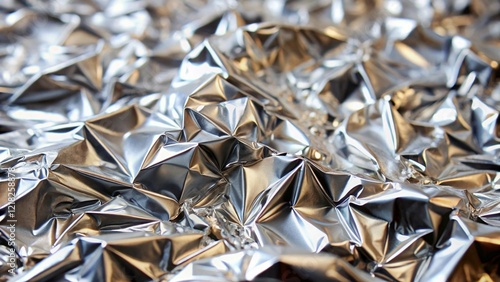 Close-Up of Crumpled Aluminum Foil with Reflective Metallic Texture and Light Reflections