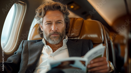 Successful business people dress appropriately in airplane cabins, symbolizing elite travel and global business engagement. A blend of luxury, professionalism and mobility at premium corporate events. photo