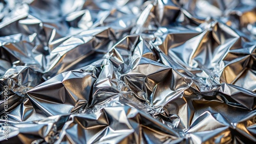 Close-Up of Crumpled Aluminum Foil with Reflective Metallic Texture and Light Reflections