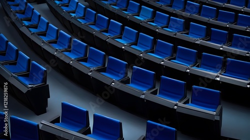 BERLIN, GERMANY - July 1, 2023, empty, blue seats at the Deutscher Bundestag. Reserved for the members of the parliament. The chairs have a special color: Reichstagsblau or Reichstags-Blue
