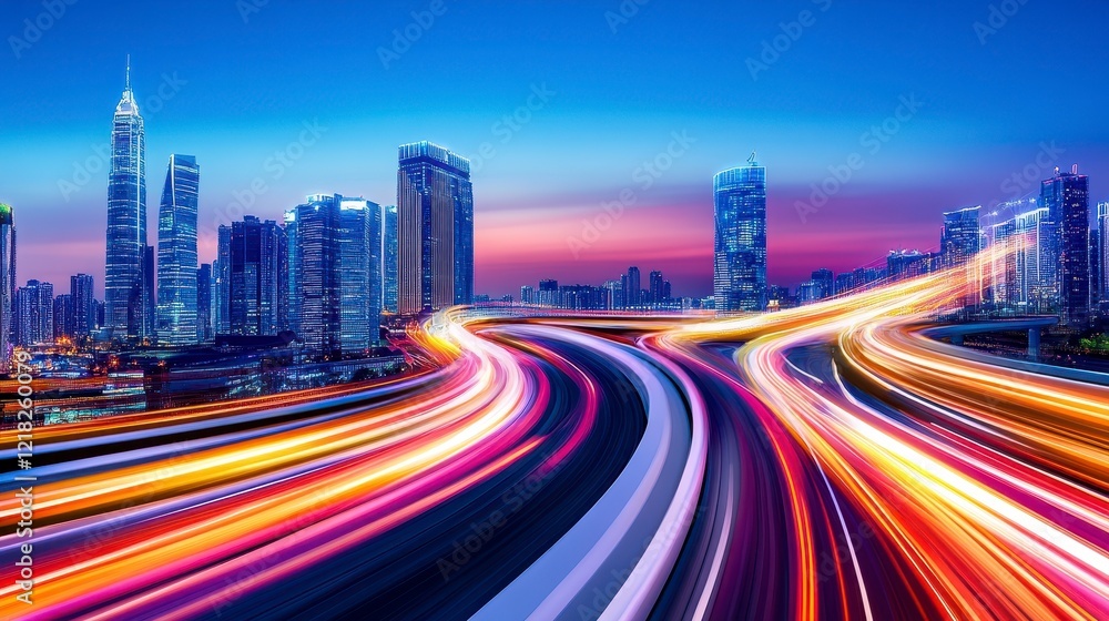 Obraz premium Vibrant Night Cityscape with Light Trails and Skyline Views