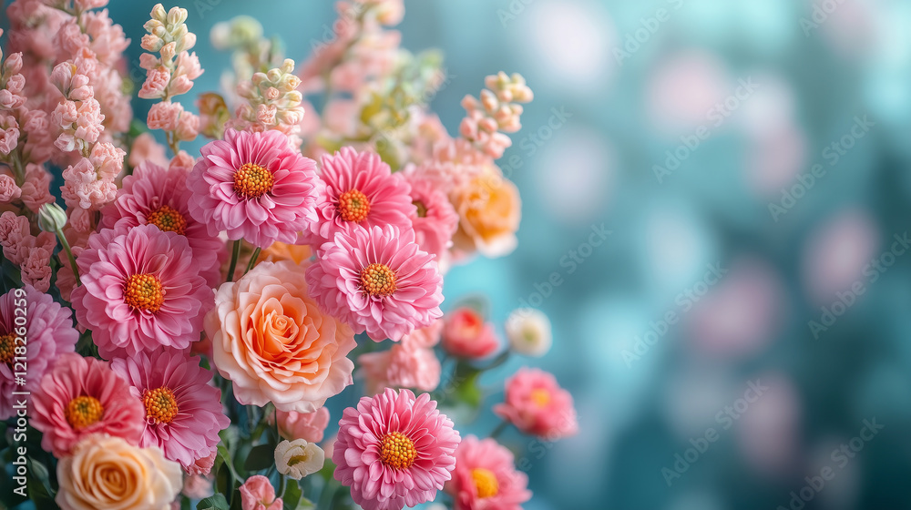 Charming arrangement of pink chrysanthemums and roses, exuding warmth and cheerfulness in a soft, blurred background Charming arrangement of pink chrysanthemums and roses, exuding warmth and cheerfulness in a soft, blurred background