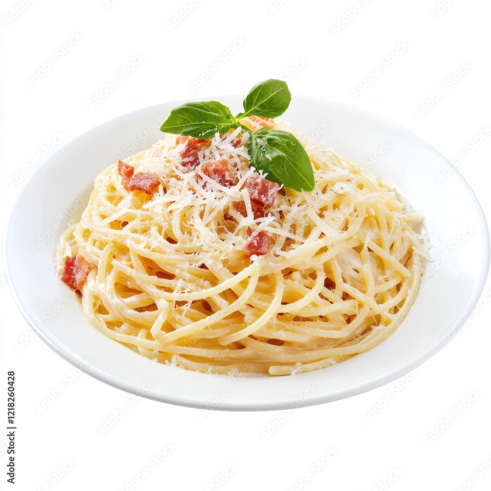 A classic spaghetti carbonara with pancetta and parmesan, isolated white background, impressionist art style A classic spaghetti carbonara with pancetta and parmesan, isolated white background, impressionist art style