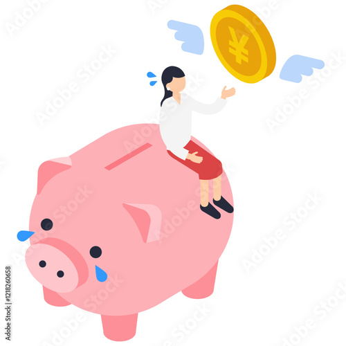 悲しむ女性と豚の貯金箱からお金が減っていくアイソメトリックイラスト