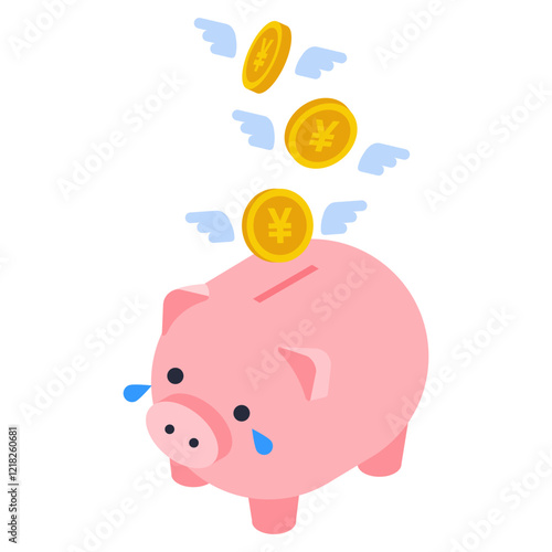 豚の貯金箱からお金が減っていくアイソメトリックイラスト